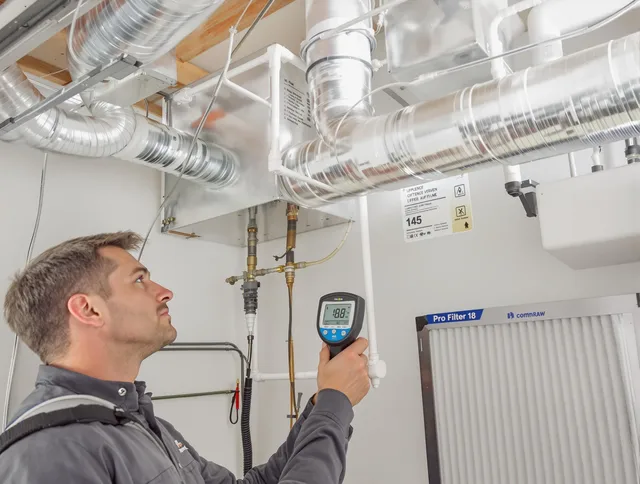 Abington Air Duct Cleaning expert conducting detailed filter system inspection using diagnostic tools in Abington